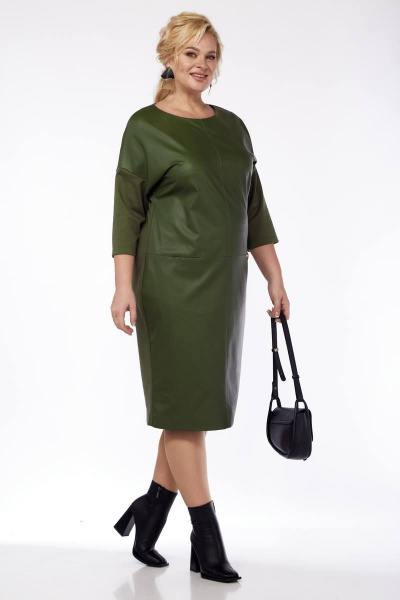 Платье с эко-кожей и трикотажными рукавами Michel chic 2068/1 хаки - фото 3