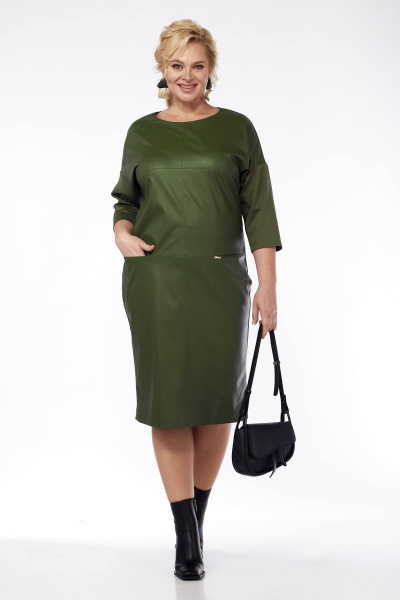 Платье с эко-кожей и трикотажными рукавами Michel chic 2068/1 хаки - фото 2