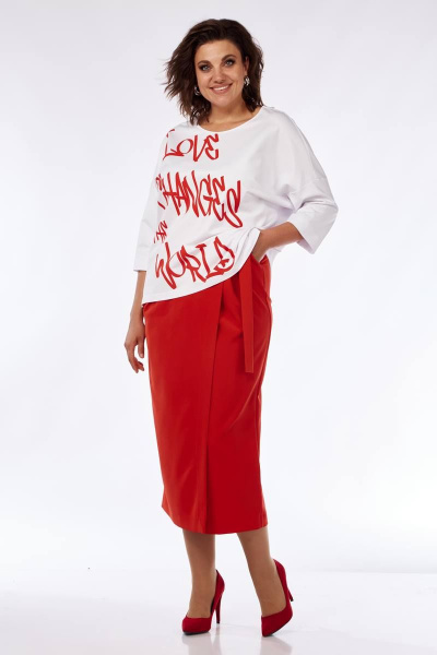 Женский комплект джемпер и юбка макси из трикотажа Michel chic 1348 белый/красный - фото 4