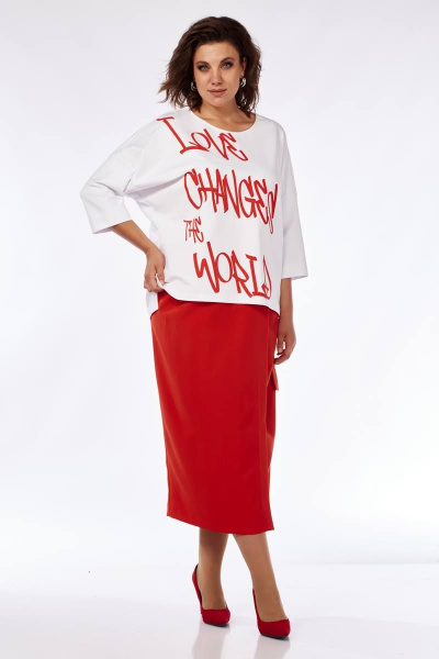 Женский комплект джемпер и юбка макси из трикотажа Michel chic 1348 белый/красный - фото 2
