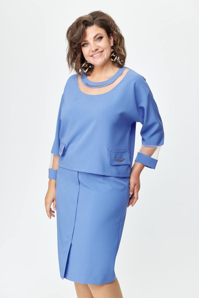 Элегантный костюм из текстиля с блузой и юбкой Solomeya Lux 949 голубой - фото 5