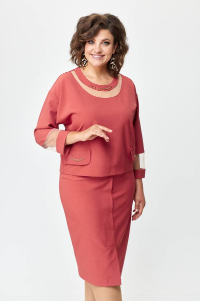 Костюм из текстиля с блузой и юбкой с цепочкой декором Solomeya Lux 949 терракотовый - фото 8