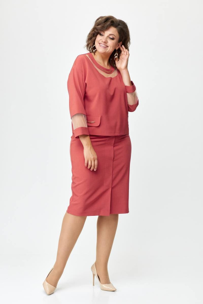 Костюм из текстиля с блузой и юбкой с цепочкой декором Solomeya Lux 949 терракотовый - фото 7