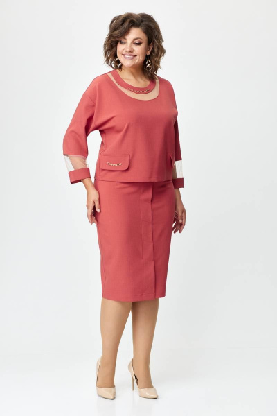 Костюм из текстиля с блузой и юбкой с цепочкой декором Solomeya Lux 949 терракотовый - фото 4