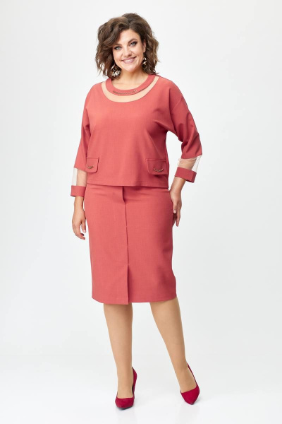 Костюм из текстиля с блузой и юбкой с цепочкой декором Solomeya Lux 949 терракотовый - фото 1