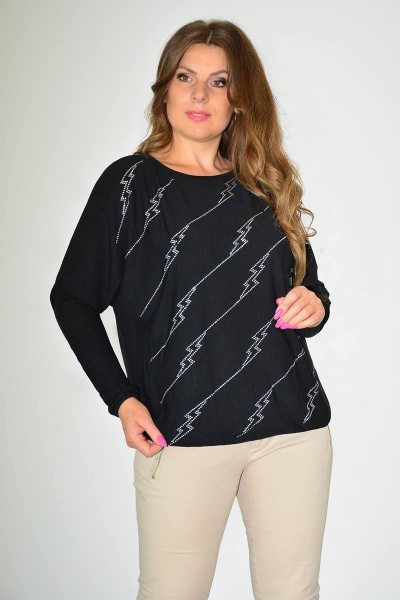 Джемпер черный с летучими рукавами и стразами Needle 529/2 черный - фото 1