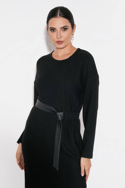Платье с резинкой и поясом из эко-кожи, асимметричный шов FOXY FOX 1479 черный - фото 3
