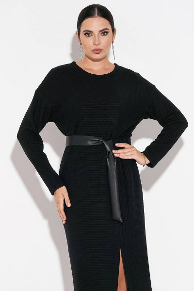 Платье с резинкой и поясом из эко-кожи, асимметричный шов FOXY FOX 1479 черный - фото 2