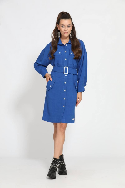 Демисезонное платье с поясом, карманами и застежкой Твой имидж 1571 василек - фото 2
