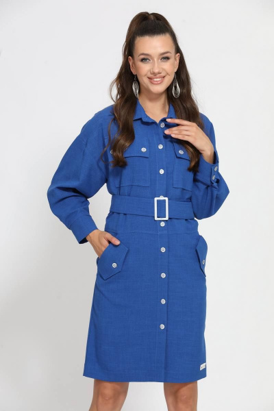 Демисезонное платье с поясом, карманами и застежкой Твой имидж 1571 василек - фото 1