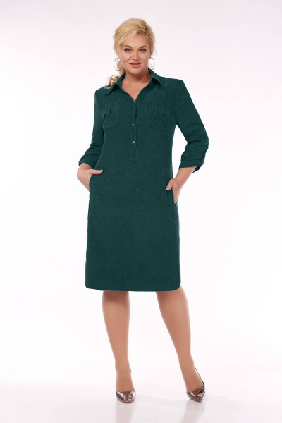 Вельветовое платье А-силуэта с накладными карманами и стойкой воротником Tensi 358 изумруд - фото 1