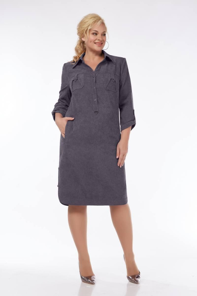 Вельветовое платье с кокетками, карманами и патами Tensi 358 серо-фиолетовый - фото 1