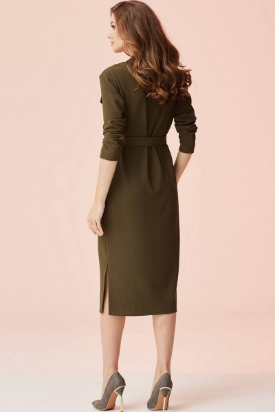 Деловое платье из текстиля с V-образным вырезом и поясом Faufilure C1472 хаки - фото 4