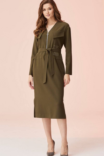 Деловое платье из текстиля с V-образным вырезом и поясом Faufilure C1472 хаки - фото 1