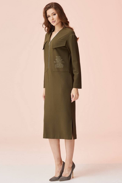 Деловое платье из текстиля с V-образным вырезом и поясом Faufilure C1472 хаки - фото 2