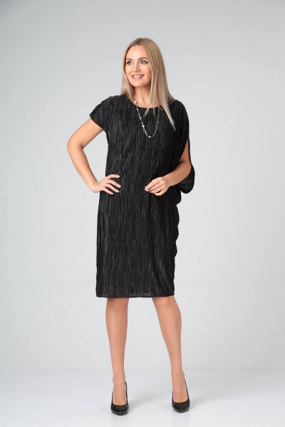 Нарядное черное платье с драпировкой и асимметричным рукавом Gamma Gracia 529 черный - фото 2