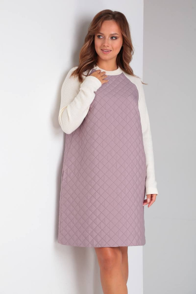 Демисезонное фиолетовое платье А-силуэта из стежки и трикотажа TVIN 7707 лиловый - фото 8