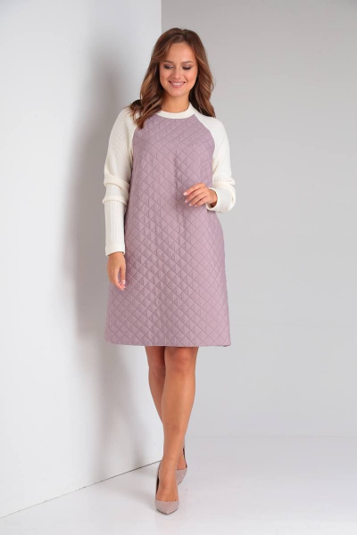 Демисезонное фиолетовое платье А-силуэта из стежки и трикотажа TVIN 7707 лиловый - фото 2