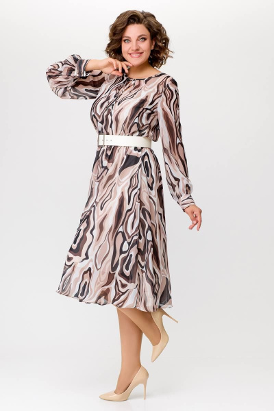 Миди платье с шифоновой диагональной юбкой Swallow 684 принт_бежево-молочные_волны - фото 6