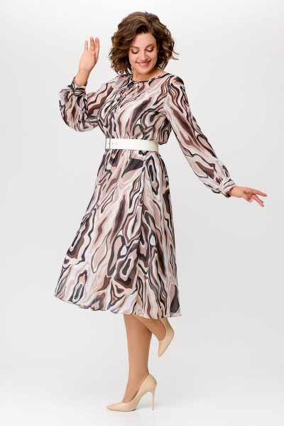 Миди платье с шифоновой диагональной юбкой Swallow 684 принт_бежево-молочные_волны - фото 5