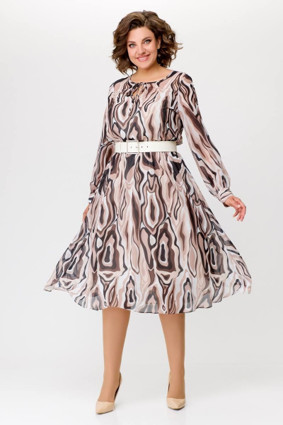 Миди платье с шифоновой диагональной юбкой Swallow 684 принт_бежево-молочные_волны - фото 4
