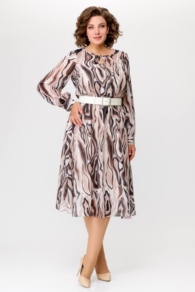 Миди платье с шифоновой диагональной юбкой Swallow 684 принт_бежево-молочные_волны - фото 1