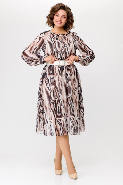 Миди платье с шифоновой диагональной юбкой Swallow 684 принт_бежево-молочные_волны - фото 2