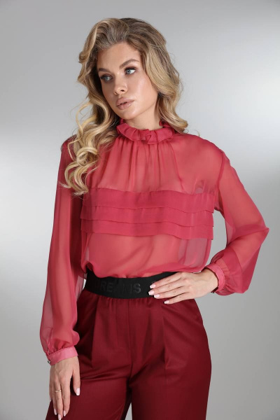 Длинная красная блуза с рюшами и объемными рукавами LM БК2811 бордовый - фото 1