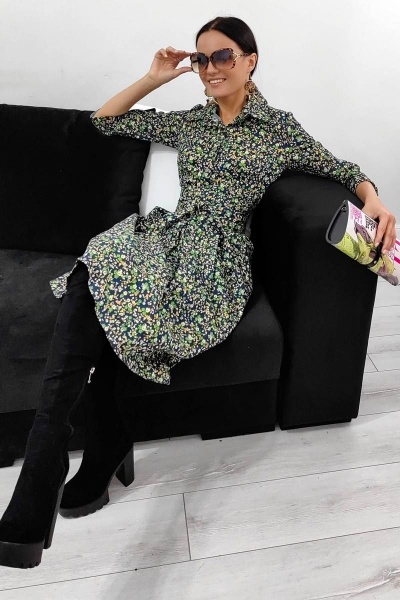 Платье из джинсового текстиля с ярким цветом и короткими рукавами Patriciа F14607 темно-синий,рыжий,зеленый - фото 3