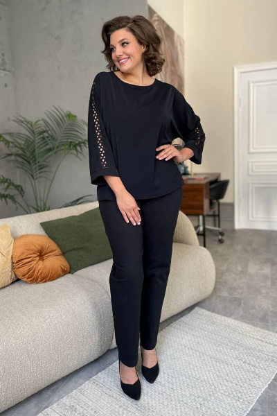 Блуза с кружевами и вырезом лодочка на каждый день Rumoda 2125_дл/р черный - фото 5