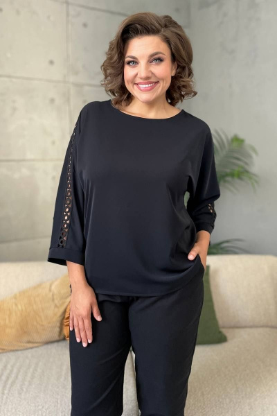 Блуза с кружевами и вырезом лодочка на каждый день Rumoda 2125_дл/р черный - фото 4