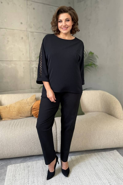 Блуза с кружевами и вырезом лодочка на каждый день Rumoda 2125_дл/р черный - фото 2