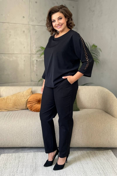 Блуза с кружевами и вырезом лодочка на каждый день Rumoda 2125_дл/р черный - фото 1