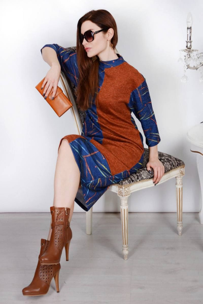 Платье свободное из вискозы и трикотажа с вставками Patriciа NY15269 синий,желтый,рыжий - фото 3