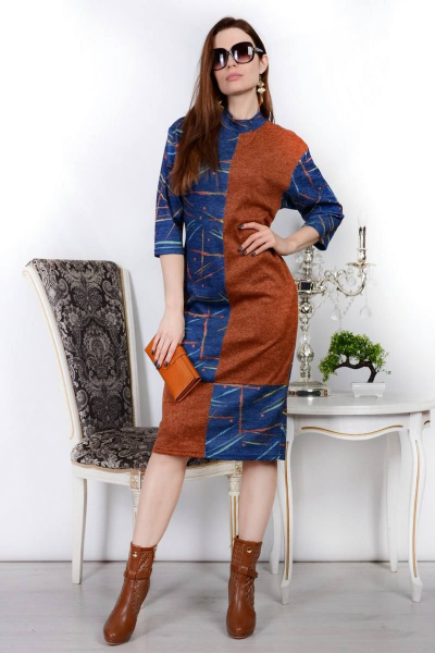 Платье свободное из вискозы и трикотажа с вставками Patriciа NY15269 синий,желтый,рыжий - фото 1