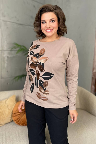 Бежевый трикотажный джемпер с принтом и бейкой Rumoda 2145 капучино - фото 8