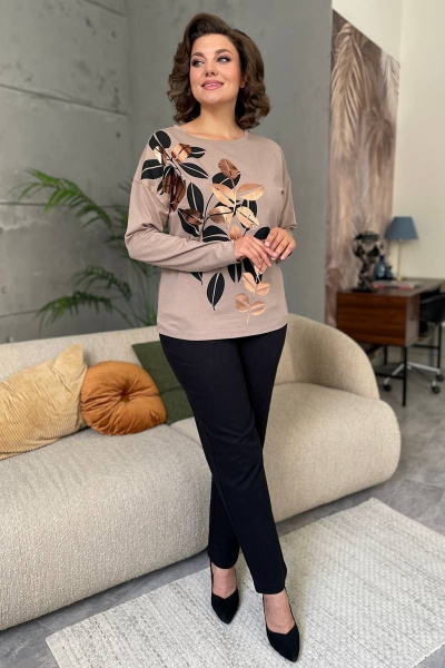 Бежевый трикотажный джемпер с принтом и бейкой Rumoda 2145 капучино - фото 7