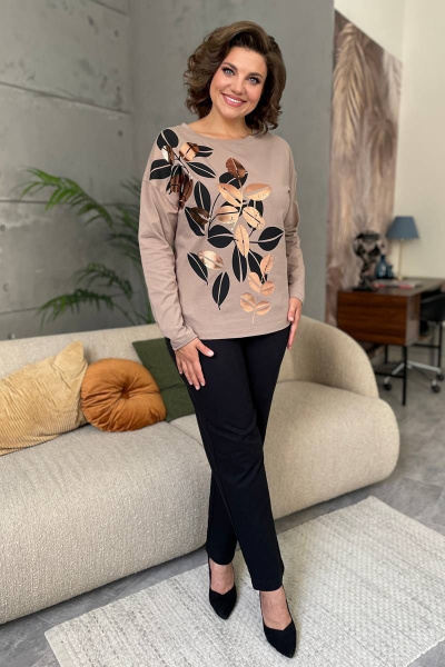 Бежевый трикотажный джемпер с принтом и бейкой Rumoda 2145 капучино - фото 6