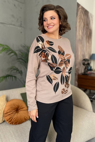 Бежевый трикотажный джемпер с принтом и бейкой Rumoda 2145 капучино - фото 3