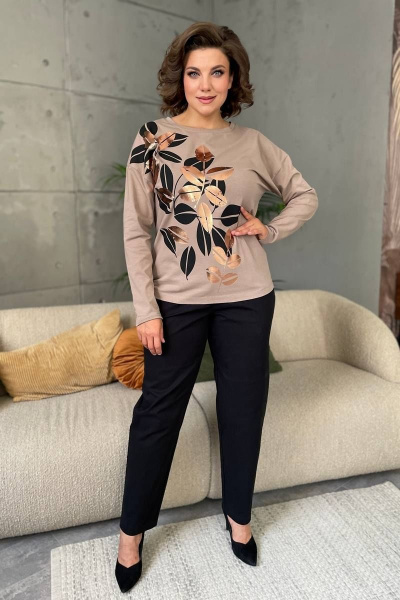 Бежевый трикотажный джемпер с принтом и бейкой Rumoda 2145 капучино - фото 1