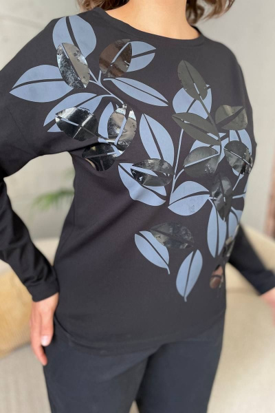 Черный трикотажный джемпер с принтом и круглым вырезом Rumoda 2145 черный - фото 9