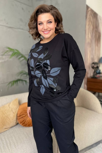 Черный трикотажный джемпер с принтом и круглым вырезом Rumoda 2145 черный - фото 8
