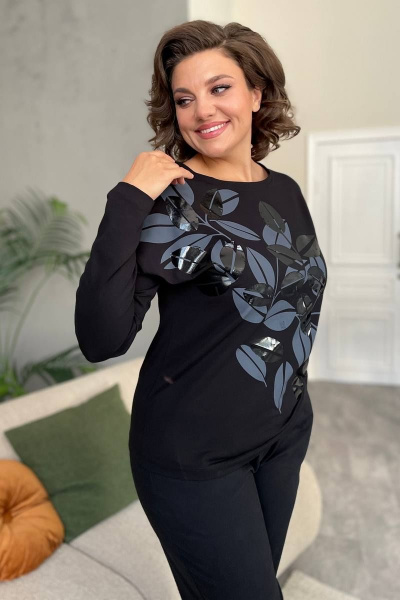 Черный трикотажный джемпер с принтом и круглым вырезом Rumoda 2145 черный - фото 7