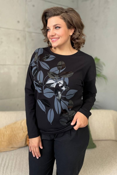 Черный трикотажный джемпер с принтом и круглым вырезом Rumoda 2145 черный - фото 4