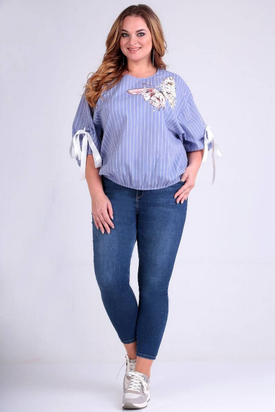 Голубая блуза оверсайз с пышными рукавами и вышивкой Таир-Гранд 62378 голубая_полоска - фото 4