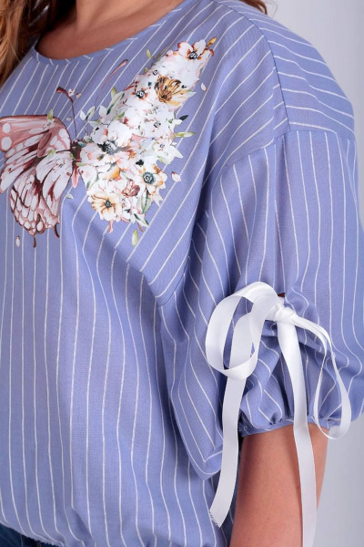 Голубая блуза оверсайз с пышными рукавами и вышивкой Таир-Гранд 62378 голубая_полоска - фото 3