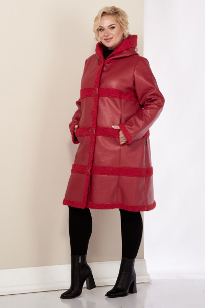Демисезонная дубленка из экокожи с капюшоном и разрезами Celentano 2041.2 алый - фото 7