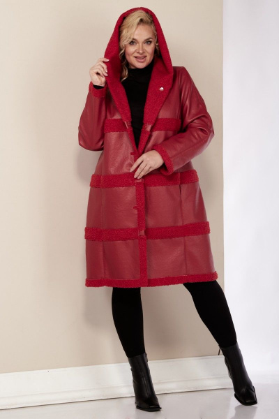 Демисезонная дубленка из экокожи с капюшоном и разрезами Celentano 2041.2 алый - фото 3