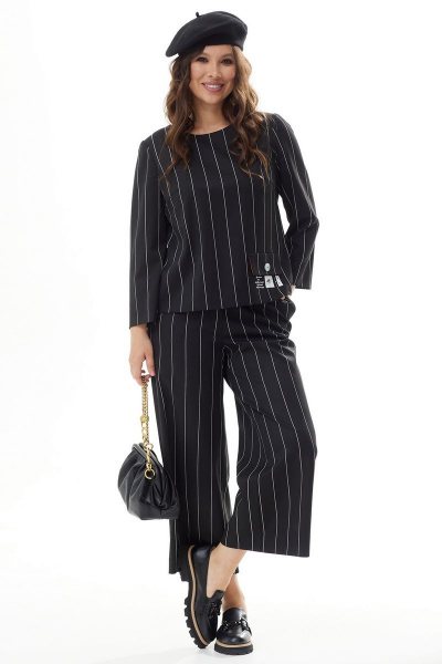Черный комплект блузы и брюк в стиле casual Магия моды 2293 черный_белая_полоска - фото 1