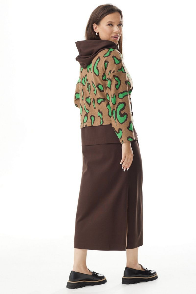 Коричневый комплект худи и юбки из трикотажа Магия моды 2319 зеленый_ шоколад - фото 2